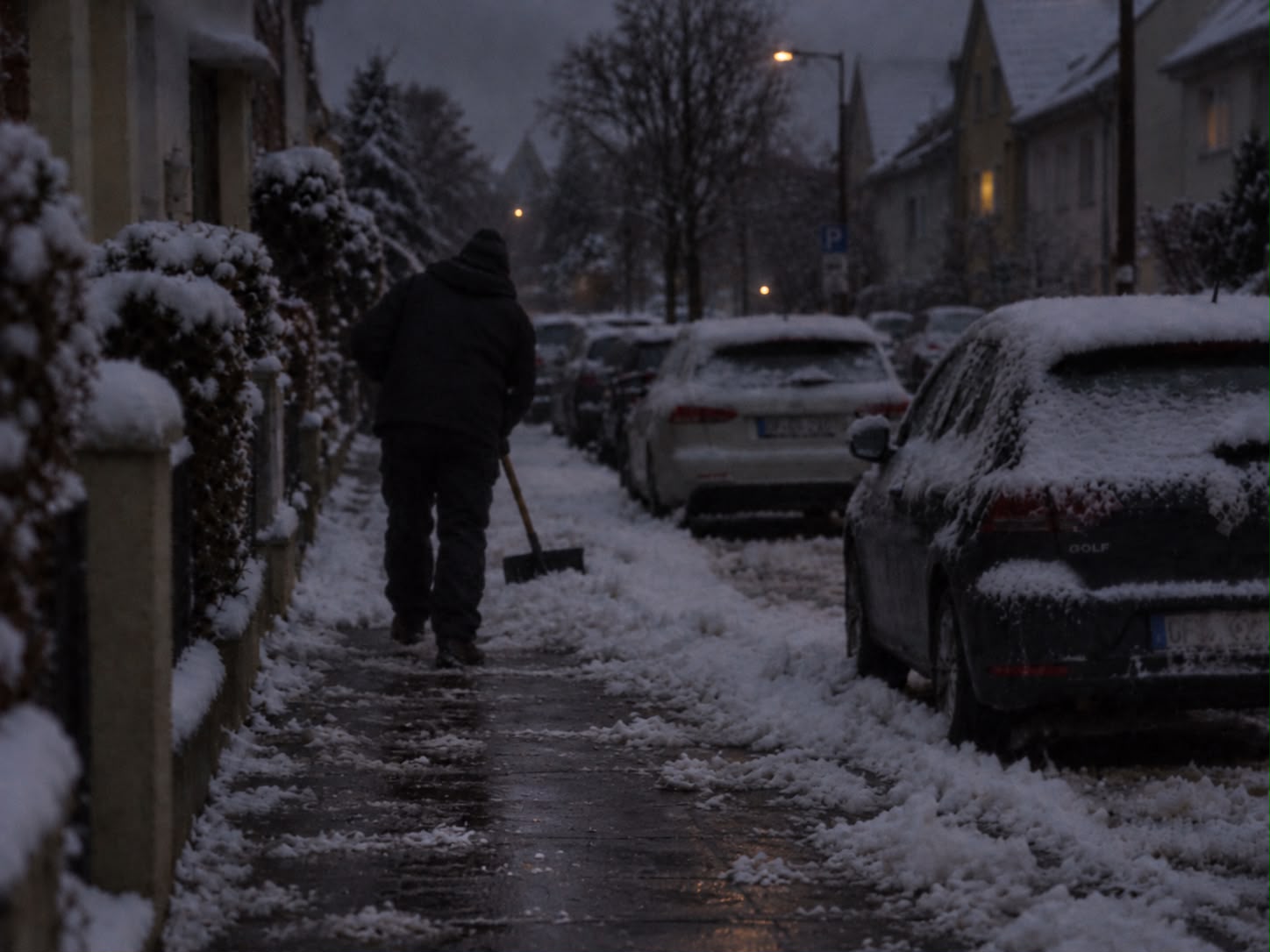 Schneeräumung mit Schneeschaufel auf einem Gehweg in einer Wohnstraße in der Morgendämmerung